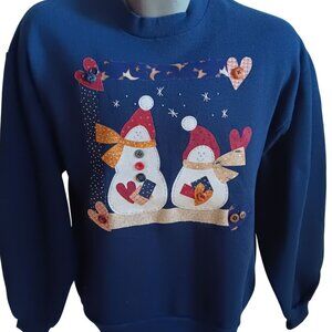 Vintage 90s Womens's Sweatshirt Large Snowman Holiday Buttons Appliqué Graphics
